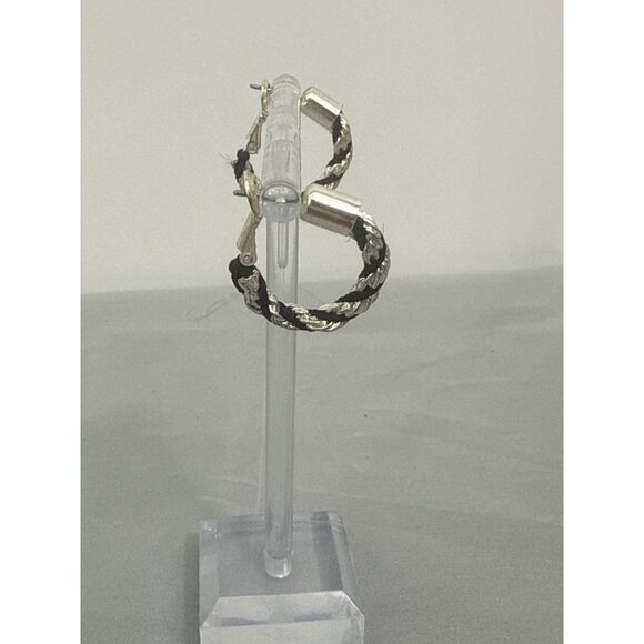 Twisted Rope-Style Hoop Earrings Silver & Black Braided Design - Picture 2 of 4